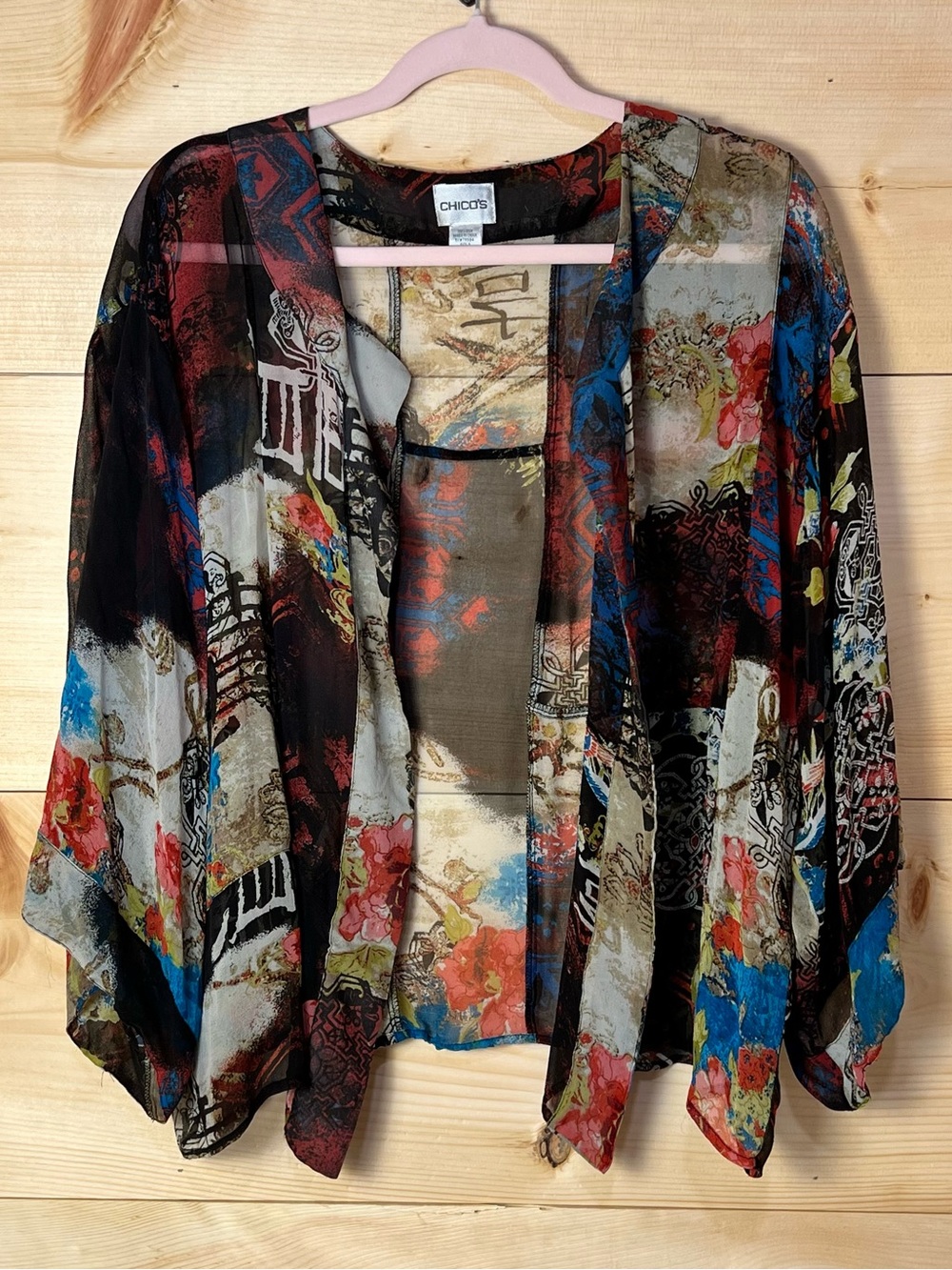 Chico's 100% Silk Sheer Multicolor Floral Kimono Cardigan - Boho Luxury Artsy